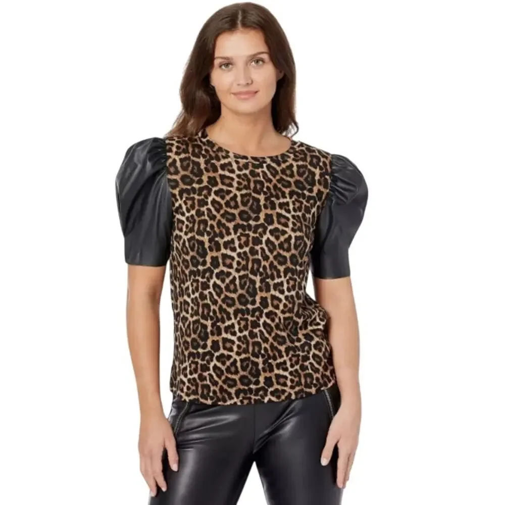 Michael Kors Leopard Print Faux Leather Sleeves Size XS - Picture 1 of 15